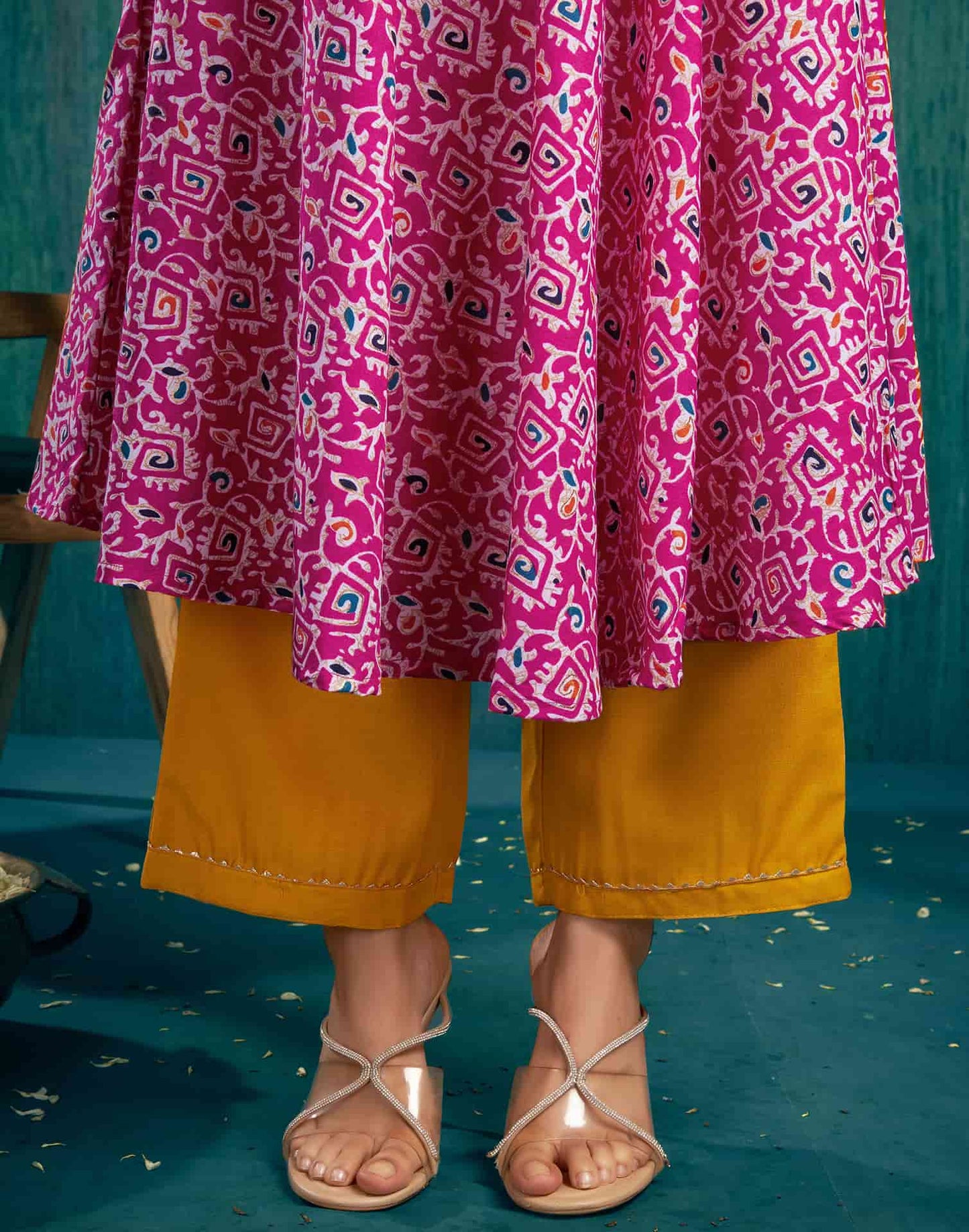 Pink Cotton Printed Anarkali Kurta Set with Pant and Dupatta Casual Wear