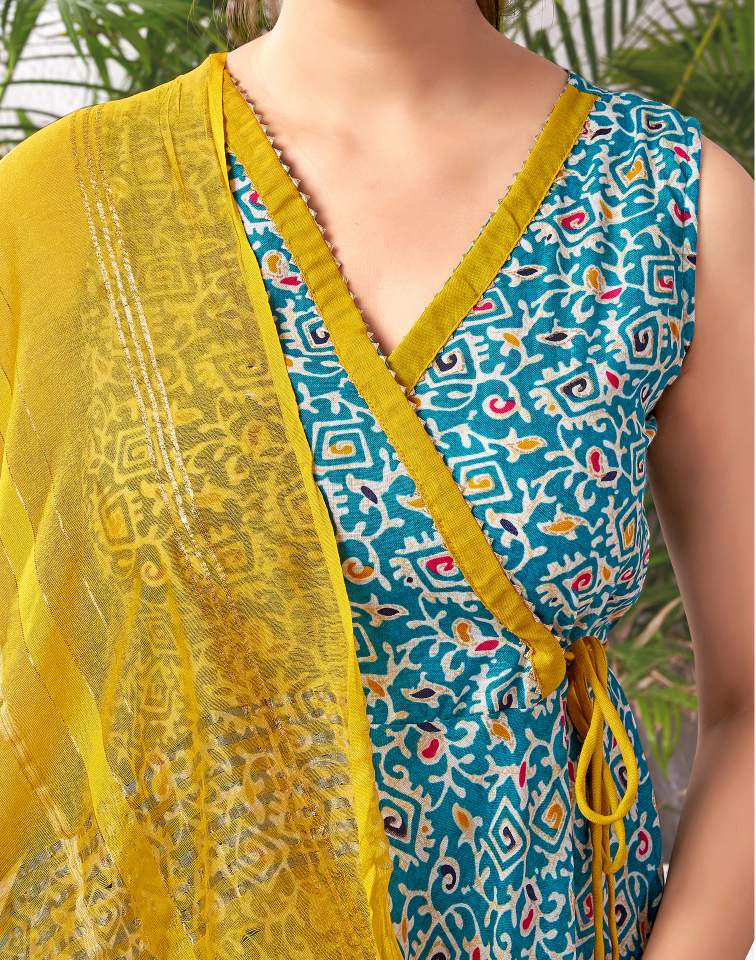 Teal Blue Silk Printed V Neck Sleeveless Anarkali Kurta Set With Pant & Dupatta