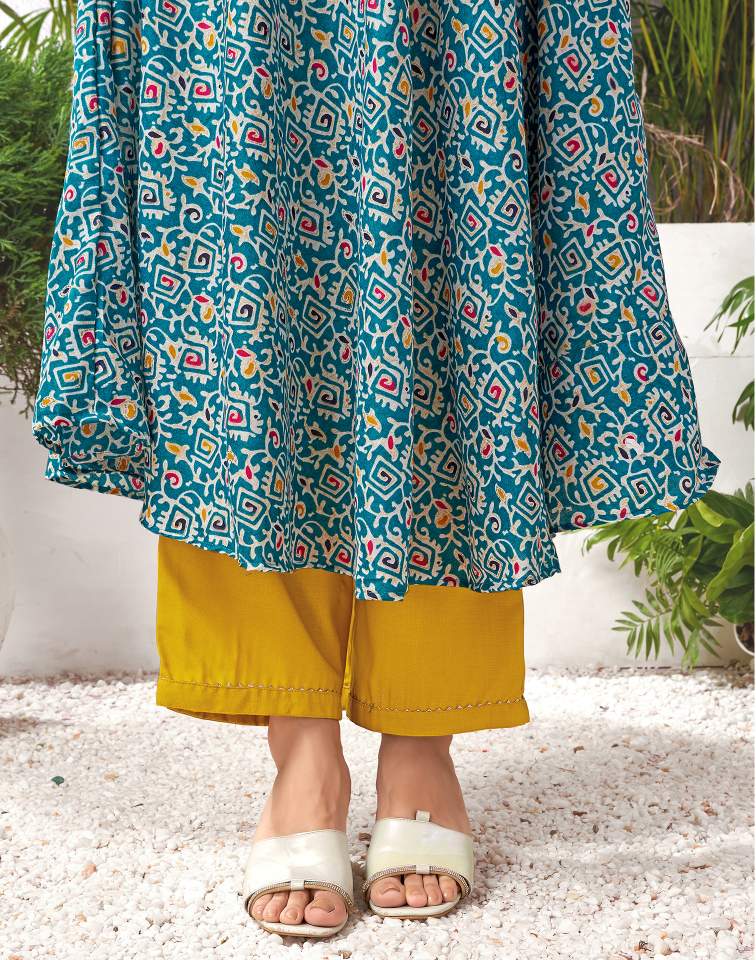 Teal Blue Silk Printed V Neck Sleeveless Anarkali Kurta Set With Pant & Dupatta