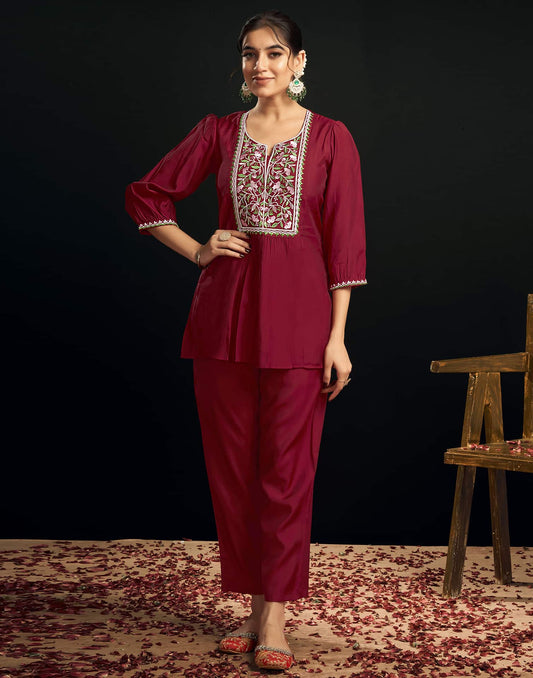 Silk Blend Printed Round Neck Co-ord Set