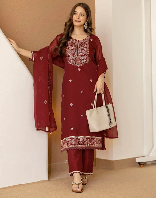 Maroon Silk Embroidered Straight Kurta Set with Pant & Dupatta for Women