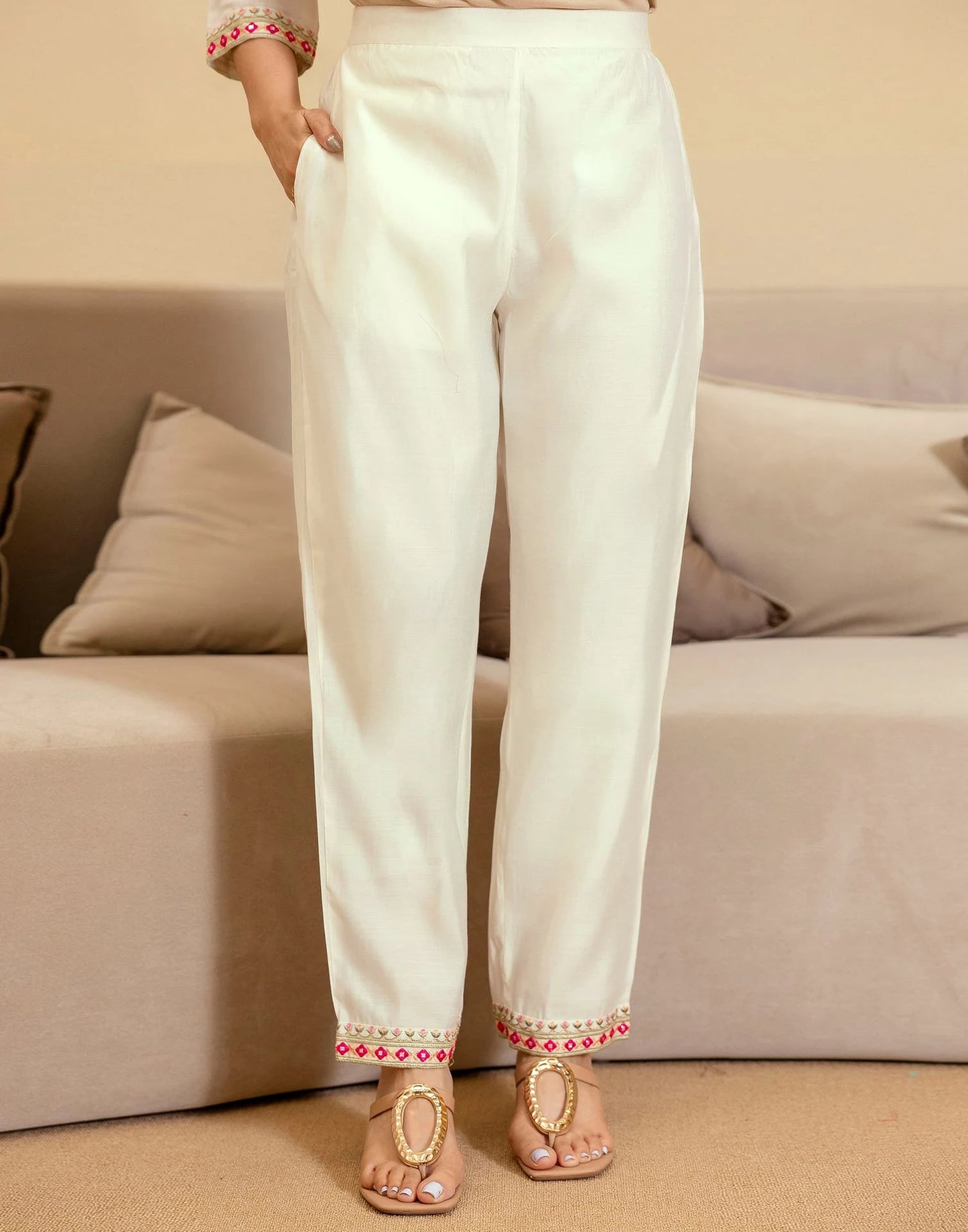 Off White Silk Blend Embroidered Straight Kurta Set for Women with Pant and Dupatta