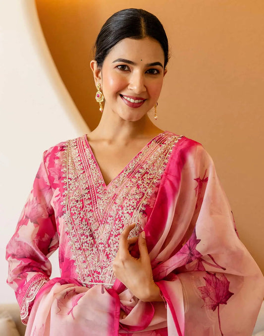 Pink Organza Printed Straight Kurta Set with Pant and Dupatta under 1299