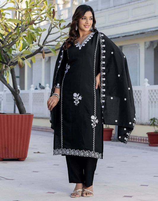 Silk Embroidery Straight Kurta with Pant & Dupatta