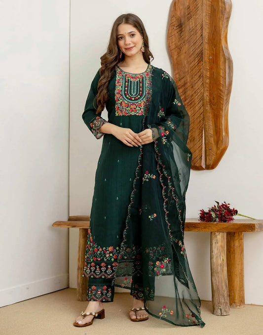 Dark Green Silk Embroidered Kurta Set with Pant and Dupatta for Diwali