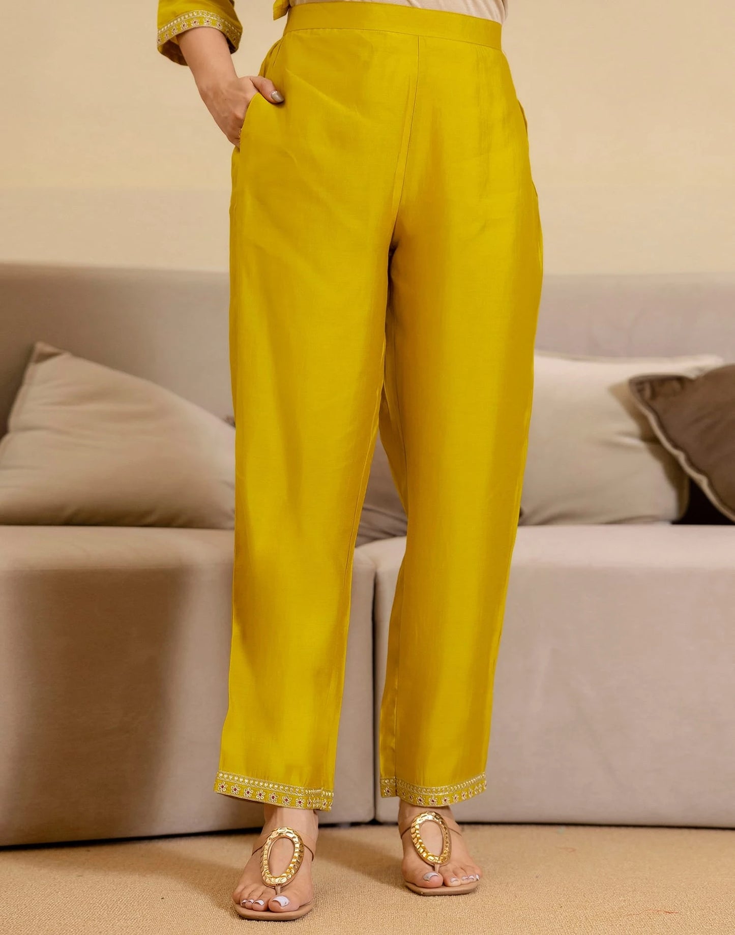 Yellow Silk Blend Embroidered Straight Kurta Set for Women with Pant and Dupatta