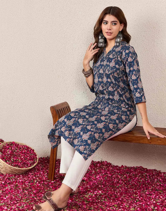 Cotton Embroidered Straight V-Neck Kurti