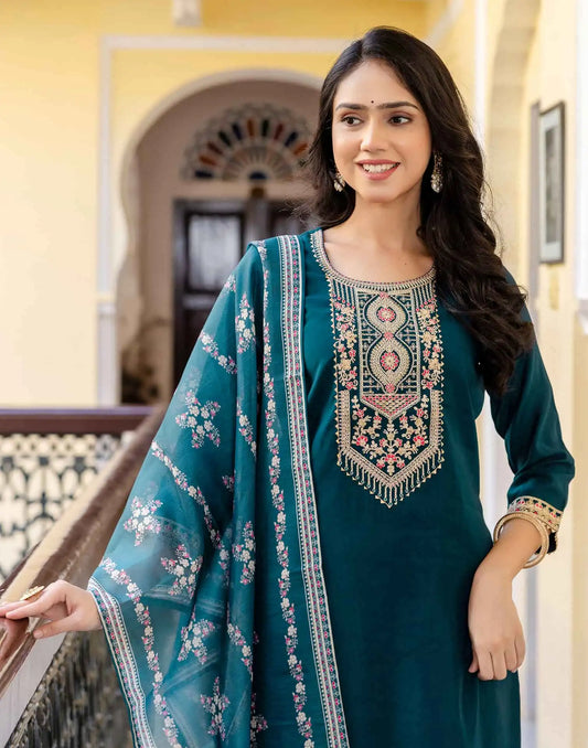 Skylee Green Silk Embroidered Straight Kurta with Pant & Dupatta