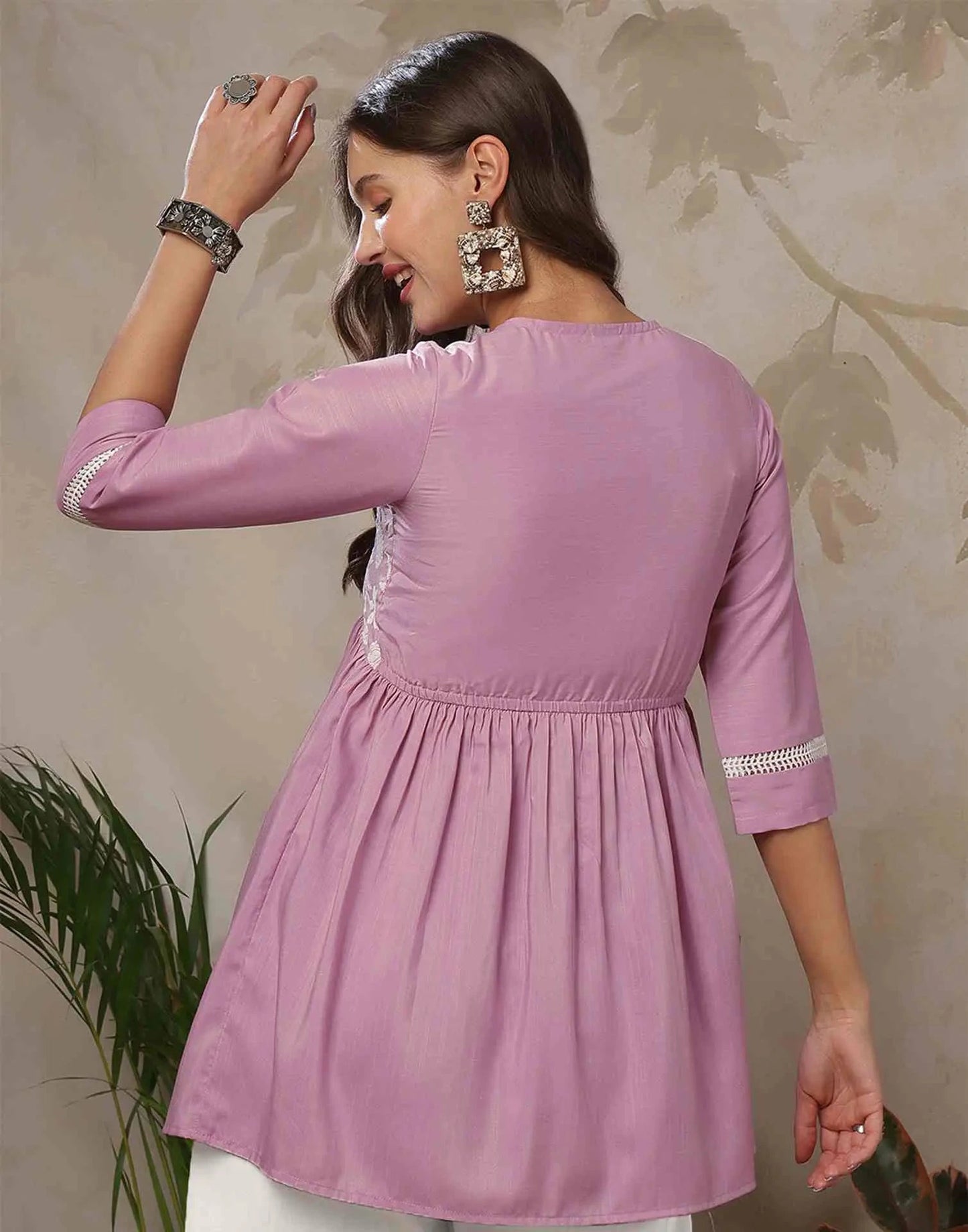 Cotton Blend Chikankari Flared V-Neck Short Kurti