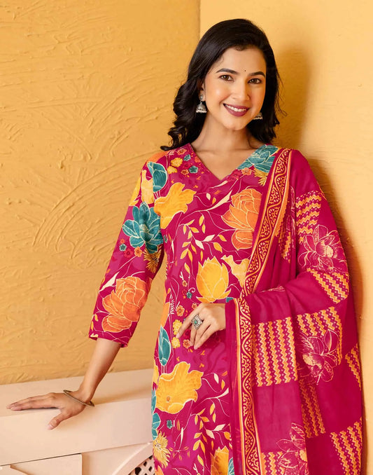 Pink Cotton Printed Straight Kurta Set with Pant & Dupatta Affordable Floral Casual Wear for Women under 799