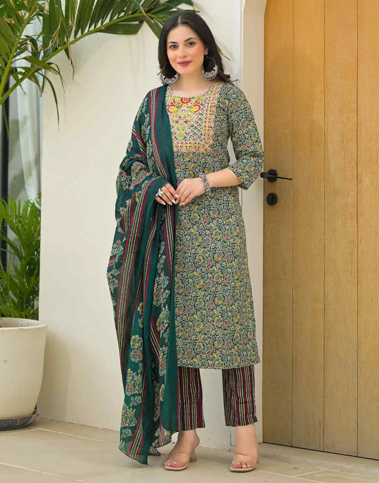 Dark Green Cotton Printed Straight Kurta Set with Pant & Dupatta under 999