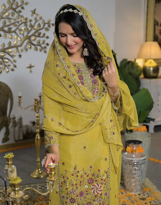 Shimmer Chiffon Straight Embroidery Round Neck Kurta with Pant & Dupatta