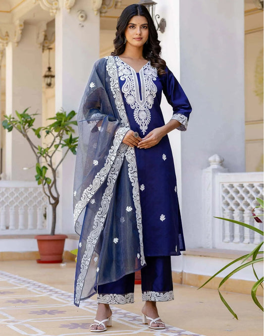 Silk Chikankari Embroidery and Embroidery Lace Straight Kurta with Pant & Dupatta