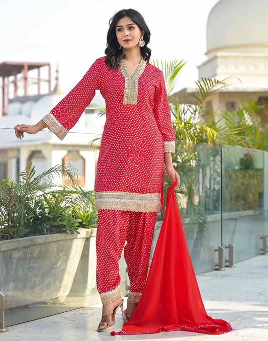 Red Silk Printed Straight Kurta Set with Pant & Dupatta V-Neck Ethnic Kurti for Festive Wear