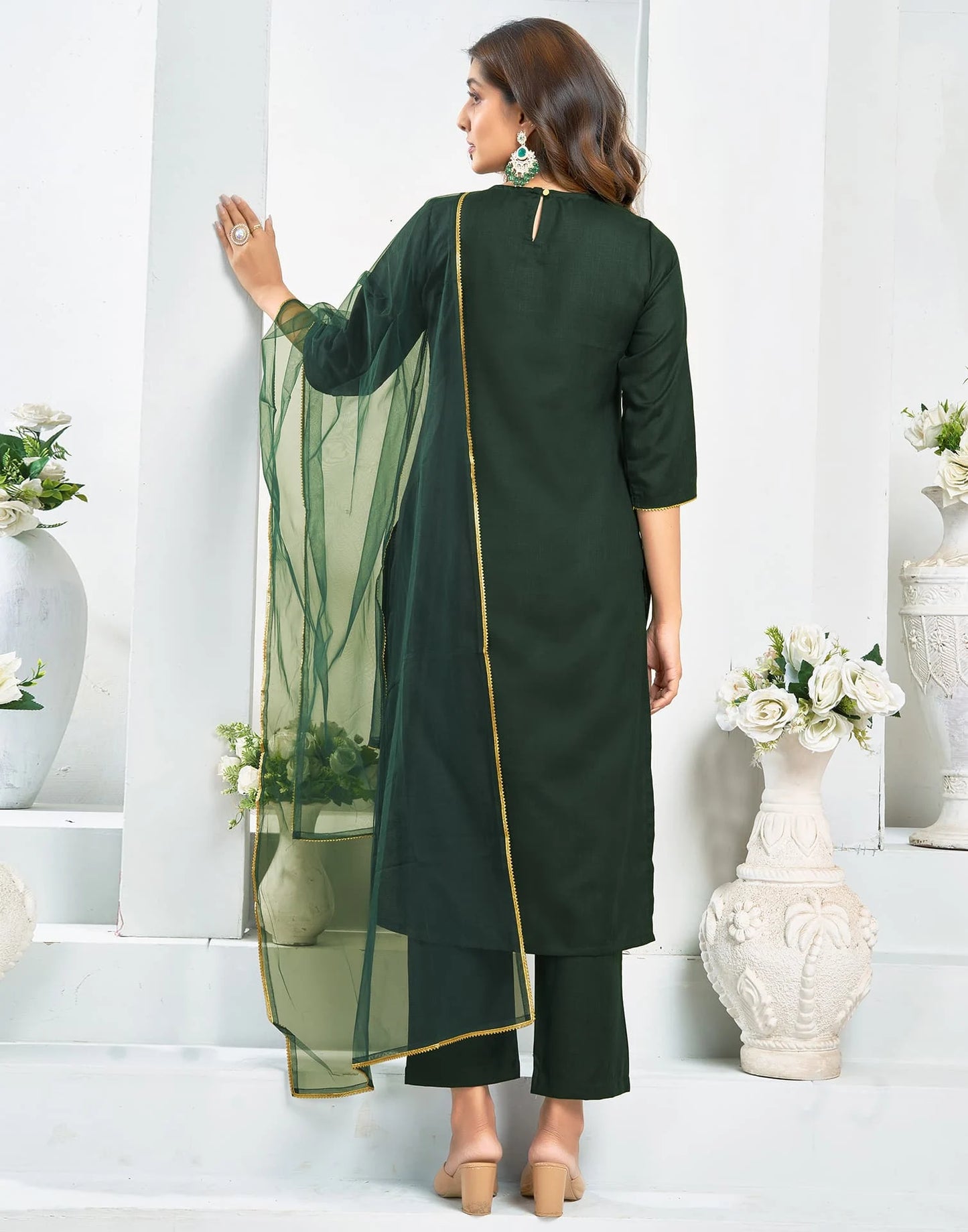 Cotton Blend Embroidered Straight Kurta with Pant & Dupatta