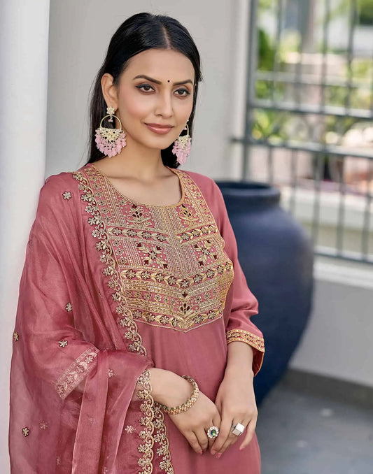 Silk Blend Sequence and Embroidery Work Straight Kurta with Pant & Dupatta