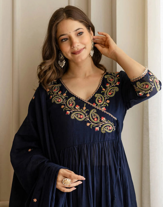 Affordable Blue Cotton Embroidered Anarkali Kurti Set