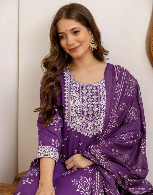 Affordable Purple Cotton Printed Anarkali Kurta Set V-Neck Cotton Kurti with Pant & Dupatta