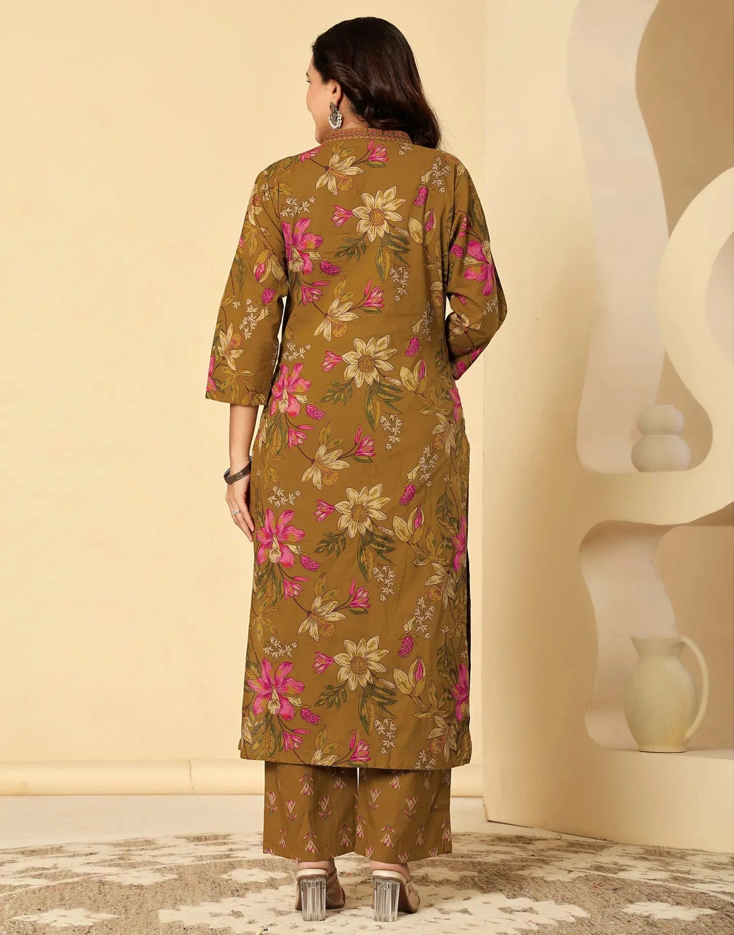 Cotton Printed Straight V-Neck Kurta with Pant & Dupatta
