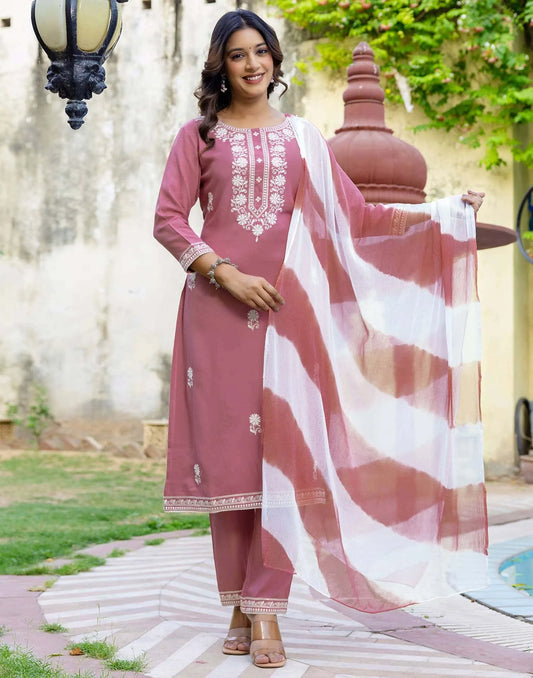 Rayon Embroidery, Sequins Work and Embroidery Lace Straight Kurta with Pant & Dupatta