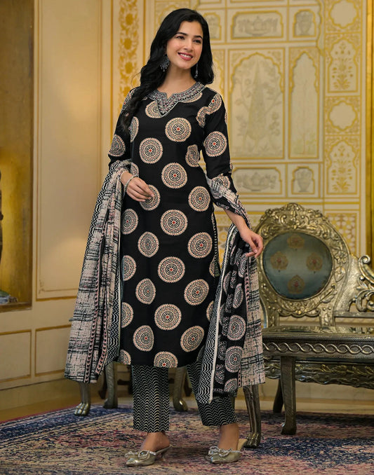 Cotton Embroidered V-Neck Straight Kurta with Pant & Dupatta