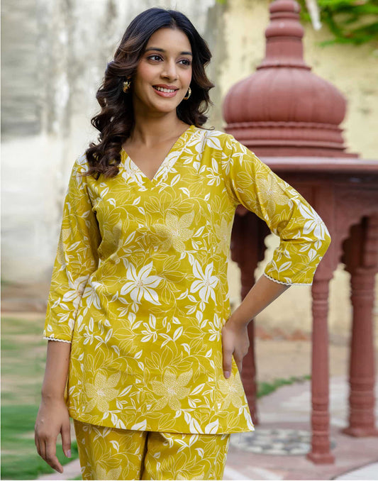 Cotton Printed V-Neck Co-ord Set