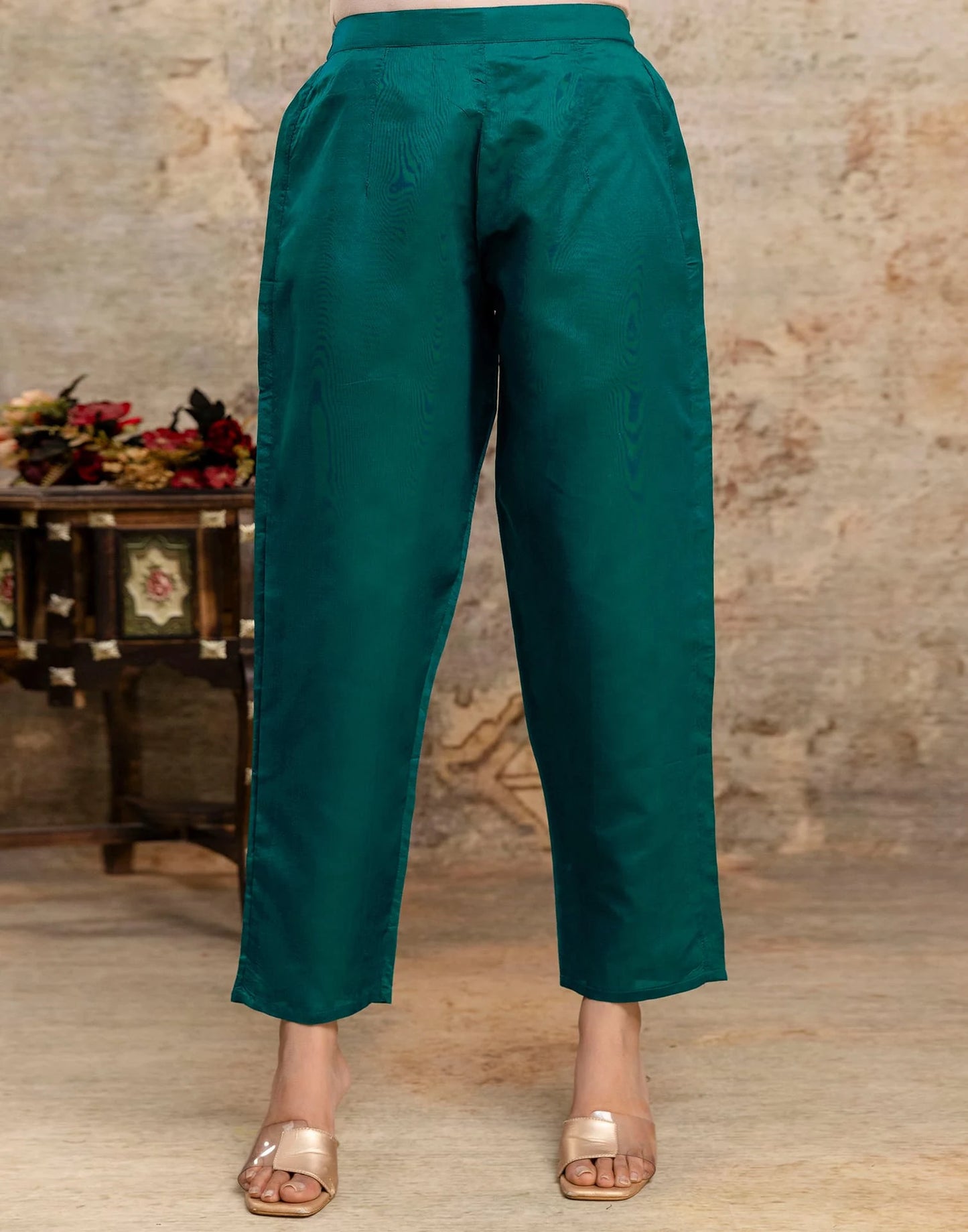 Green Silk Blend Woven Straight Kurta Set for Women with Pant & Dupatta