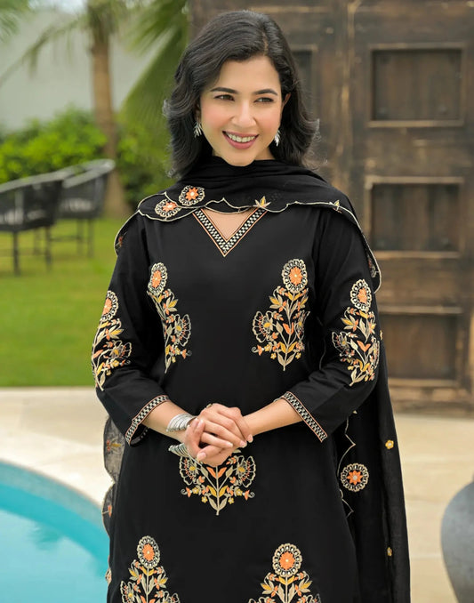 Cotton Embroidered V-Neck Straight Kurta with Pant & Dupatta