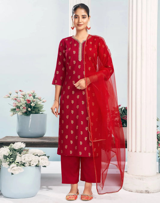 Silk Blend Dyed, Foil Print and Lace Straight Kurta with Pant & Dupatta