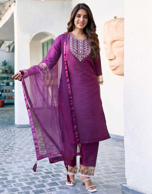 Silk Blend Sequence Embroidery Work and Lace Straight Kurta with Pant & Dupatta