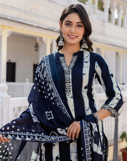 Cotton Printed, Embroidery Lace Straight Kurta with Pant & Dupatta