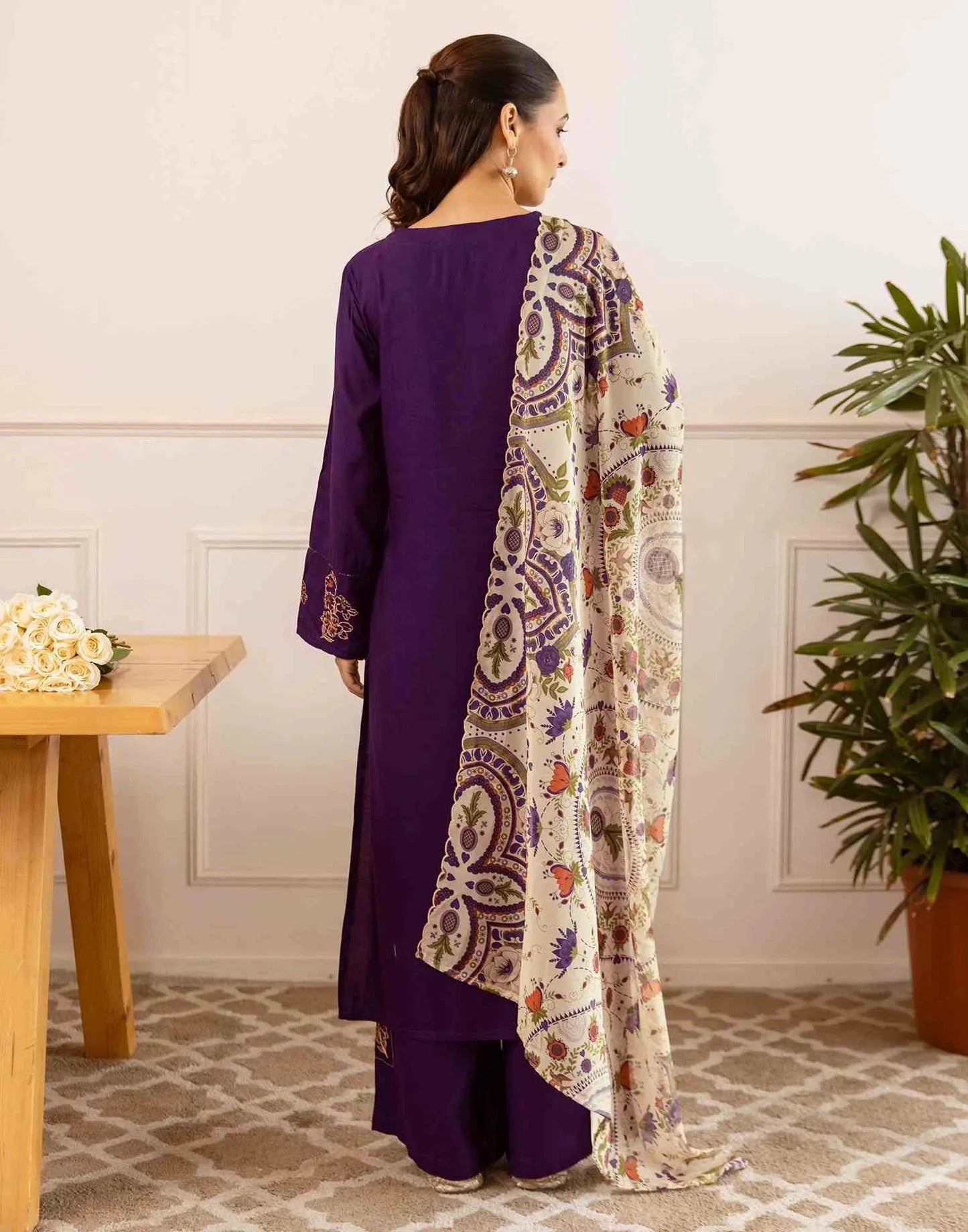 Cotton Embroidered Straight V-Neck Kurta with Pant & Dupatta
