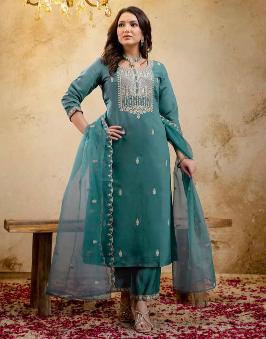 Silk Straight Embroidery Round Neck Kurta with Pant & Dupatta