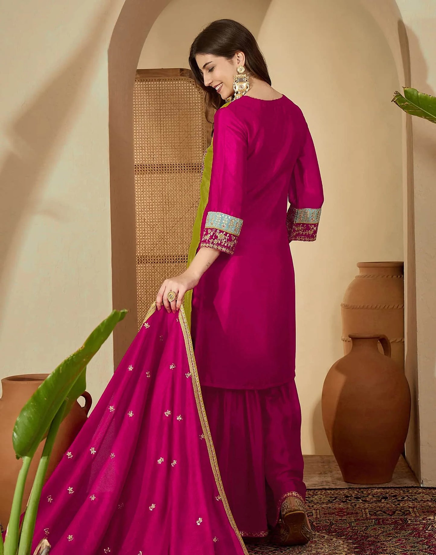 Silk Embroidered Straight Kurta with Pant & Dupatta