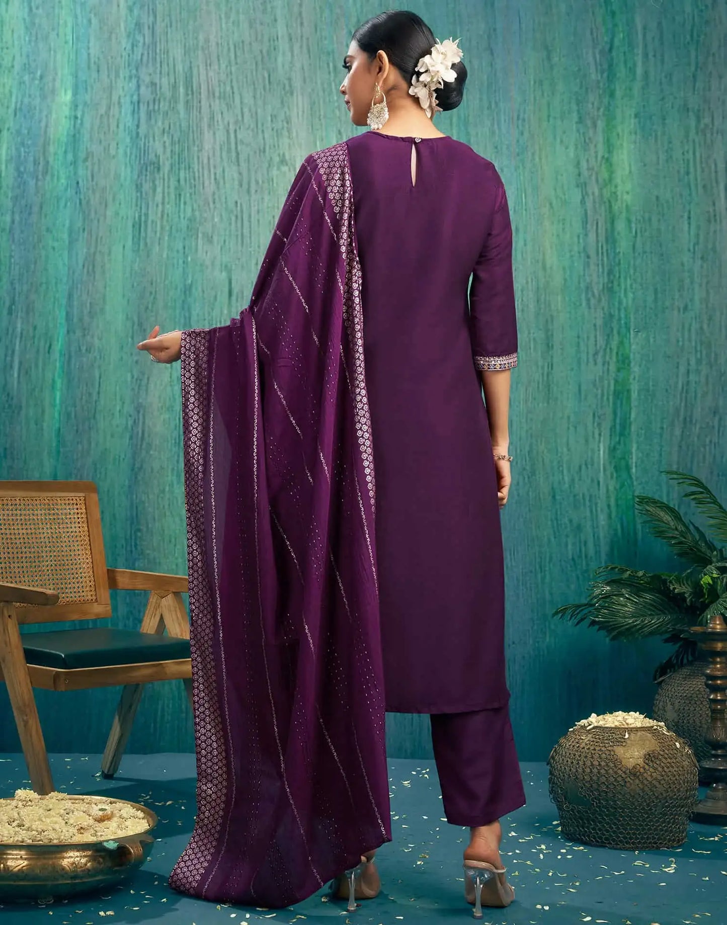 Silk Blend Embroidered Straight Kurta with Pant & Dupatta