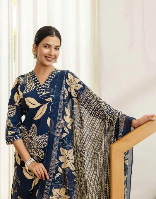 Blue Cotton Printed Straight Kurta Set with Pant & Dupatta under 799