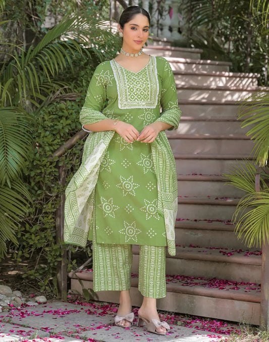 Cotton Embroidered V-Neck Straight Kurta with Pant & Dupatta