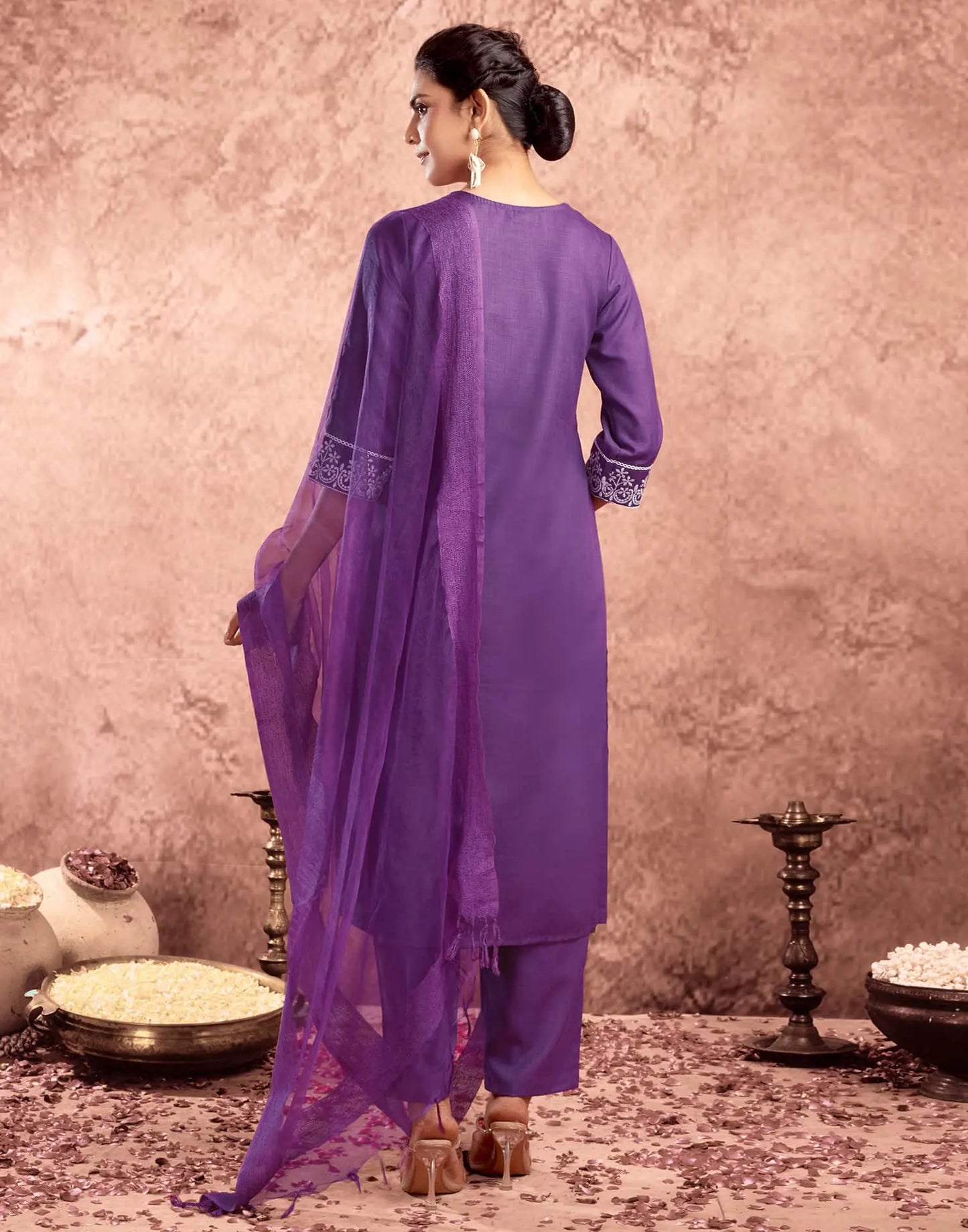 Cotton Blend Embroidered Straight Kurta with Pant & Dupatta