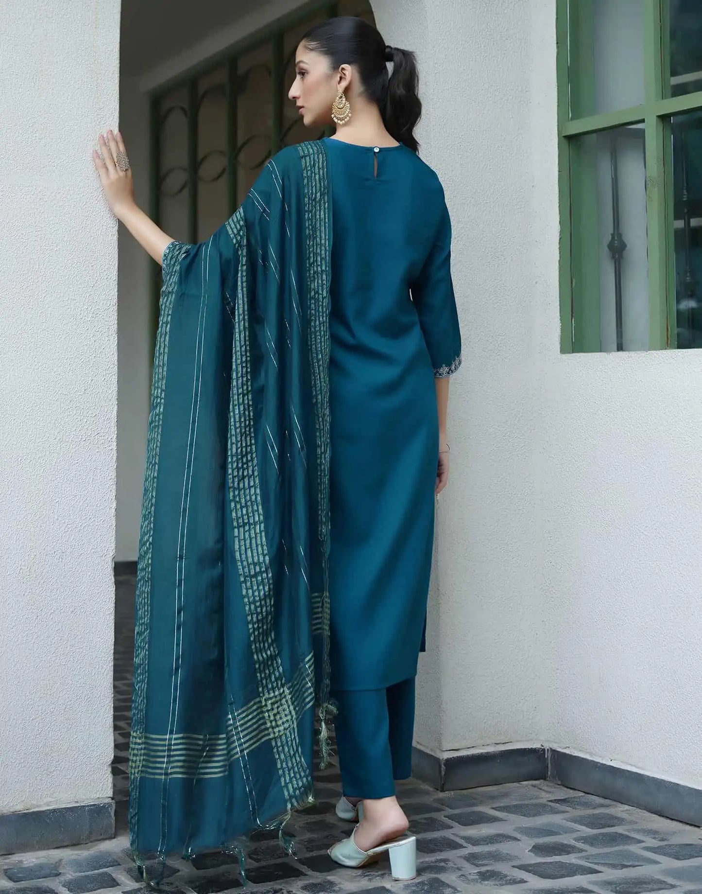 Cotton Blend Embroidered Straight Kurta with Pant & Dupatta