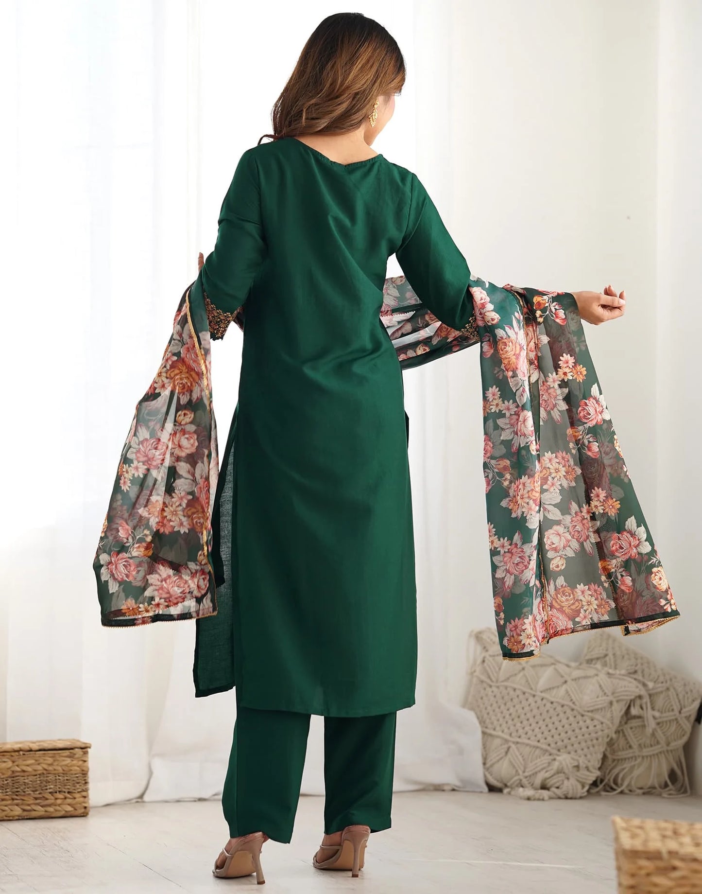 Silk Blend Embroidery, Sequence Work and lace Straight Kurta with Pant & Dupatta