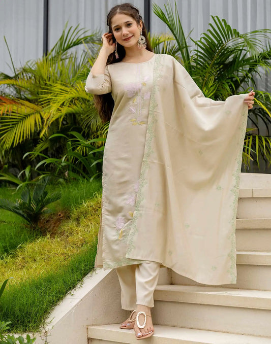 Silk Blend Embroidered Straight Kurta with Pant & Dupatta