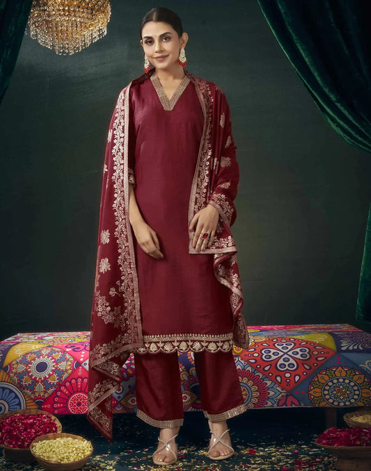 Silk Blend Embroidered Straight Kurta with Pant & Dupatta