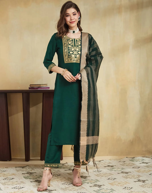 Cotton Blend Foil Printed and Foil Printed Lace Straight Kurta with Pant & Dupatta