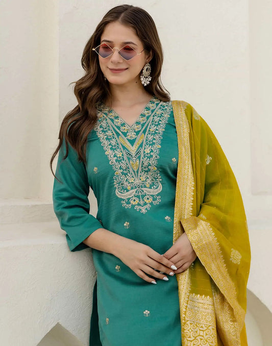 Affordable Green Silk Embroidered Straight Kurta Set V-Neck Silk Kurti with Pant & Dupatta