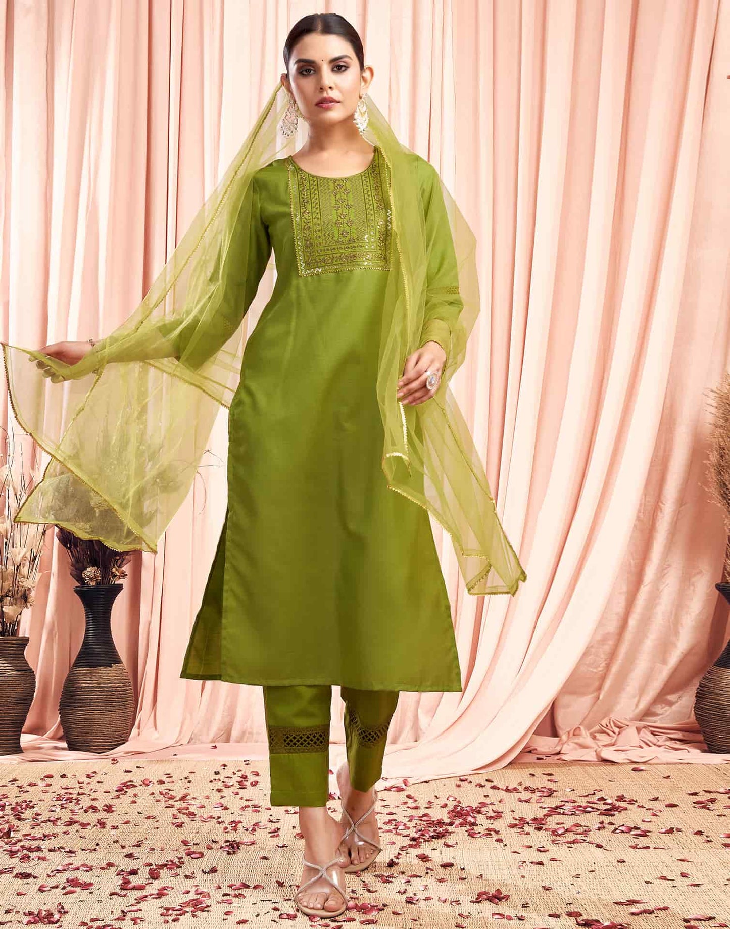 Embroidered Sequence Straight Kurta Set for Women Festive Wear