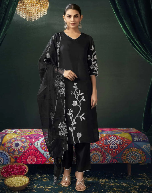 Silk Blend Embroidered Straight Kurta with Pant & Dupatta