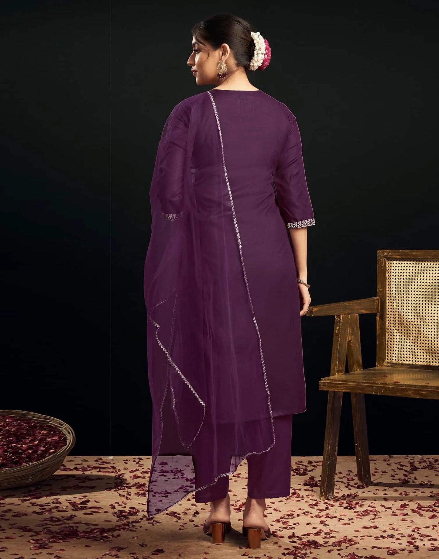 Cotton Blend Embroidery and Sequins Work Straight Kurta with Pant & Dupatta