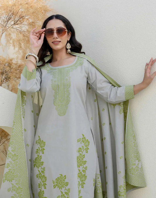 Affordable Grey Cotton Woven Straight Kurta Set Round-Neck Woven Cotton Kurti with Pant & Dupatta