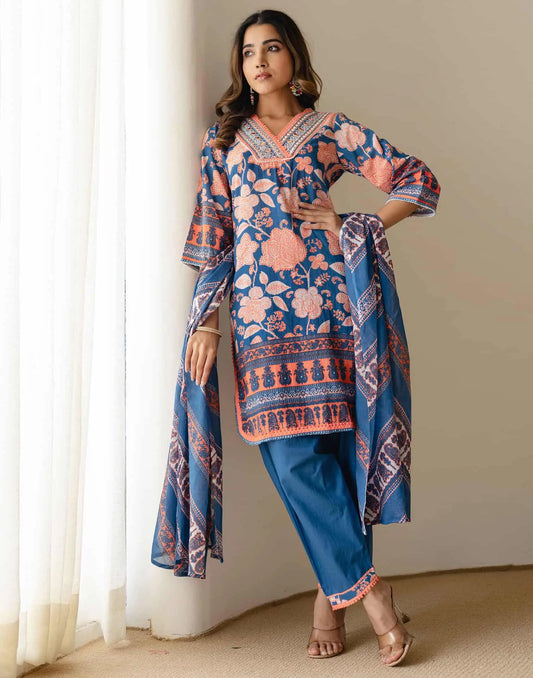 Affordable Blue Cotton Printed Straight Kurta Set with Patiala & Dupatta under 999