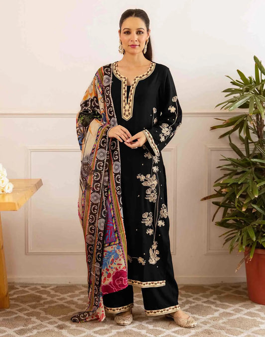 Rayon Embroidered Straight V-Neck Kurta with Pant & Dupatta